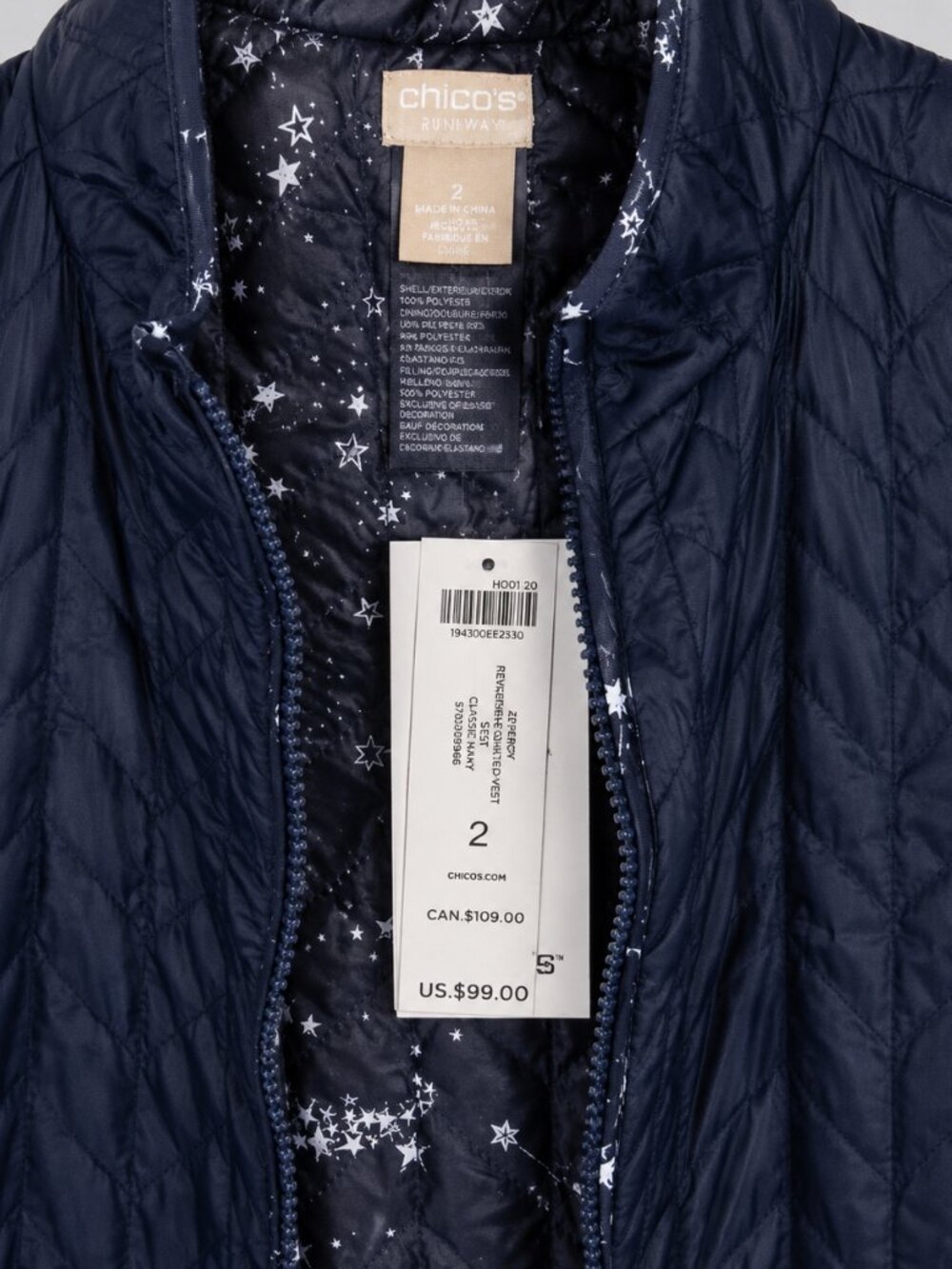 NWT Chico’s Zenergy Reversible Quilted Vest Size 2 12/14 Navy Star Print - Picture 3 of 5